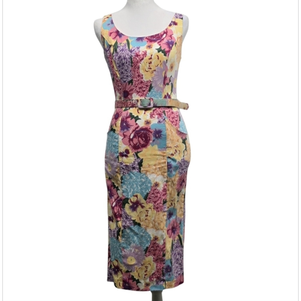 Collectif Vintage Pinup Floral Midi Belted Wiggle Dress